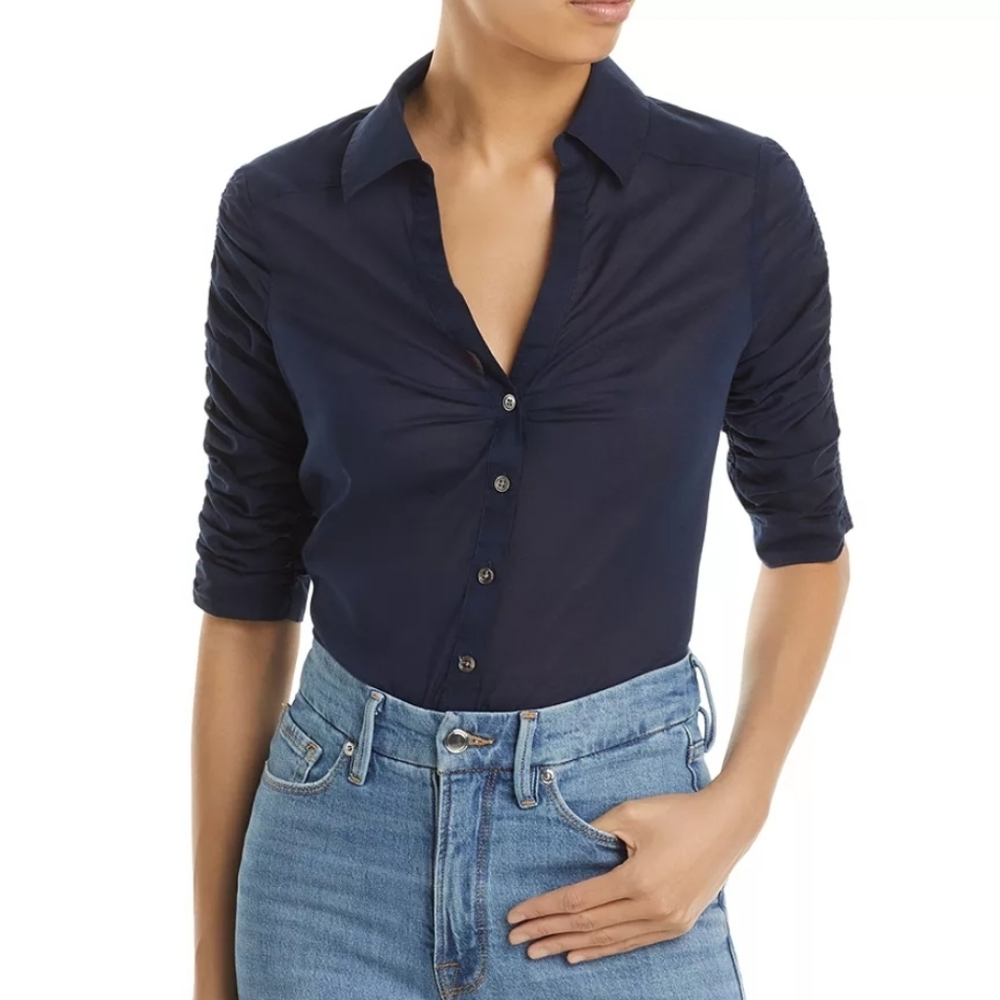 Veronica Beard Porta Ruched Sleeve Shirt Navy Blue Size Small
